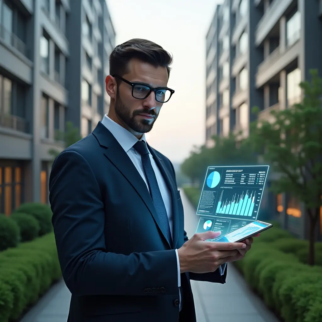 Ultra-realistic condominium manager in a navy executive suit, set in a modern luxury condominium environment with high-rise buildings and manicured green landscaping, holding a tablet displaying holographic financial charts and pie graphs, analyzing data with a confident, focused expression, cinematic lighting, shallow depth of field, highly detailed textures, realistic skin, photographic realism, 8k resolution --ar 1:1 --v 6