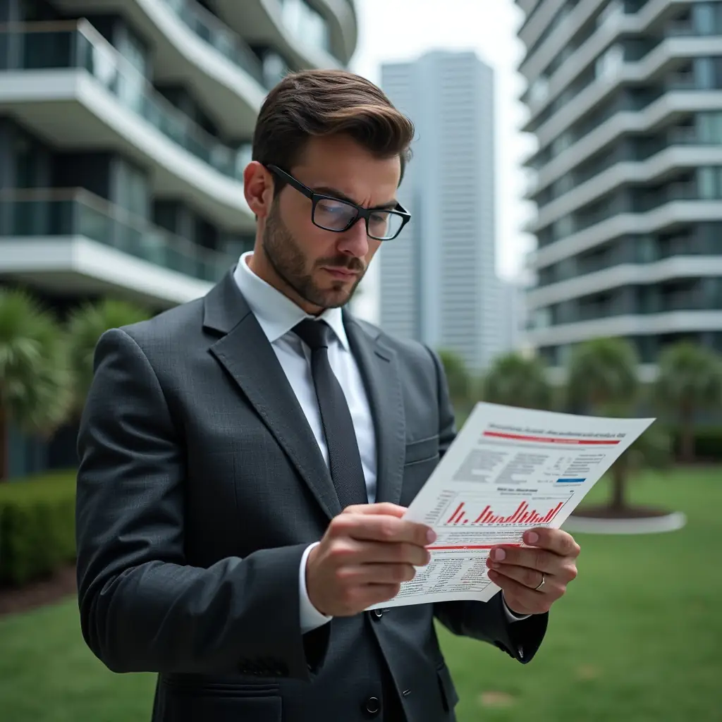 Ultra-realistic condominium manager in a charcoal gray suit, set in a modern luxury condominium environment with high-rise buildings and lush green landscaping, examining a holographic financial report with red warning icons highlighting errors, serious and focused expression, cinematic lighting, shallow depth of field, highly detailed textures, realistic skin, photographic realism, 8k resolution --ar 1:1 --v 6