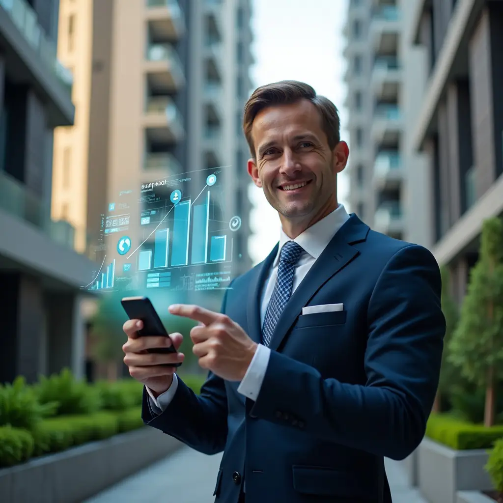 Ultra-realistic condominium manager in a navy tailored suit, set in a modern luxury condominium environment with high-rise buildings and manicured green landscaping, holding a smartphone displaying a holographic financial dashboard and confidently pointing at floating graphs and checkmark icons symbolizing automated entries and streamlined approval, cinematic lighting, shallow depth of field, highly detailed textures, realistic skin, photographic realism, 8k resolution --ar 1:1 --v 6