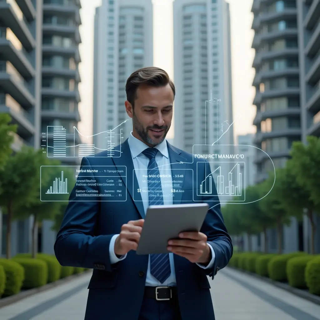 (Ultra-realistic condominium manager in a tailored navy blue suit, set in a modern luxury condominium environment with high-rise buildings and lush green landscaping, medium shot of a confident professional analyzing floating holographic financial charts representing ordinary and extraordinary expenses, holding a sleek tablet displaying budget graphs, cinematic lighting, shallow depth of field, highly detailed textures, realistic skin, photographic realism, 8k resolution --ar 1:1 --v 6)