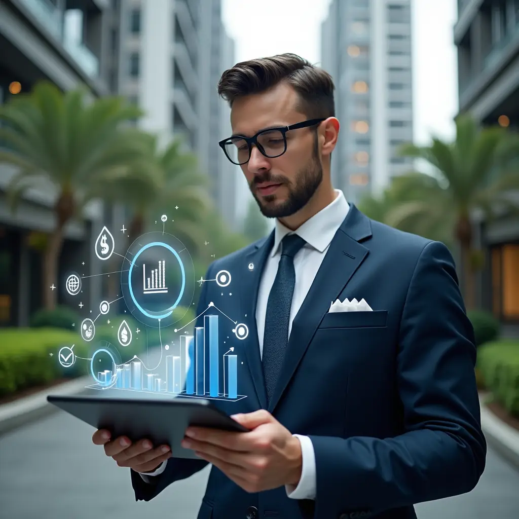 (Ultra-realistic professional condominium manager in a navy executive suit, set in a modern luxury condominium environment with high-rise buildings and lush green landscaping, holding a tablet displaying floating holographic financial charts and icons of water drops, light bulbs, and coins, confidently analyzing cost-control data with a focused expression, cinematic lighting, shallow depth of field, highly detailed textures, realistic skin, photographic realism, 8k resolution --ar 1:1 --v 6)