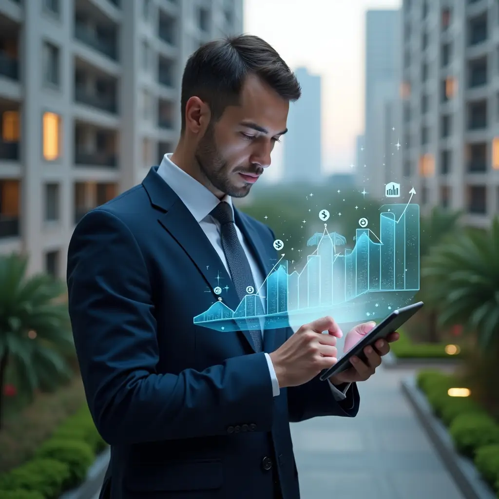 Ultra-realistic condominium manager in a tailored navy suit, set in a modern luxury condominium environment with high-rise buildings and meticulously landscaped gardens, examining a holographic cost-reduction chart projected from a digital tablet, confident and focused expression, holographic icons of tools and downward-trending graphs floating beside them, cinematic lighting, shallow depth of field, highly detailed textures, realistic skin, photographic realism, 8k resolution --ar 1:1 --v 6