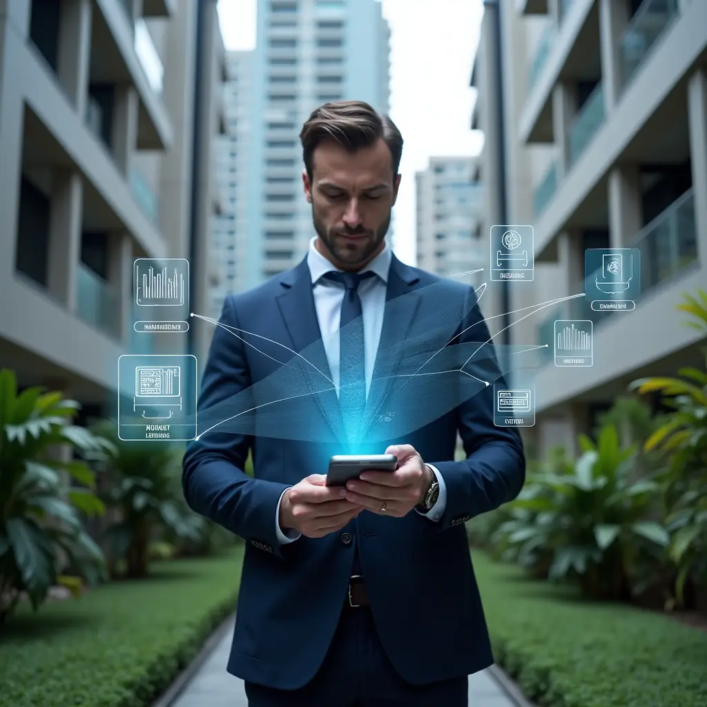 Ultra-realistic condominium manager in a dark blue suit, set in a modern luxury condominium environment with high-rise buildings and lush green landscaping, interacting with a holographic condo management app interface displaying financial charts, calendar bookings, maintenance tickets and visitor logs, confident expression, cinematic lighting, shallow depth of field, highly detailed textures, realistic skin, photographic realism, 8k resolution --ar 1:1 --v 6