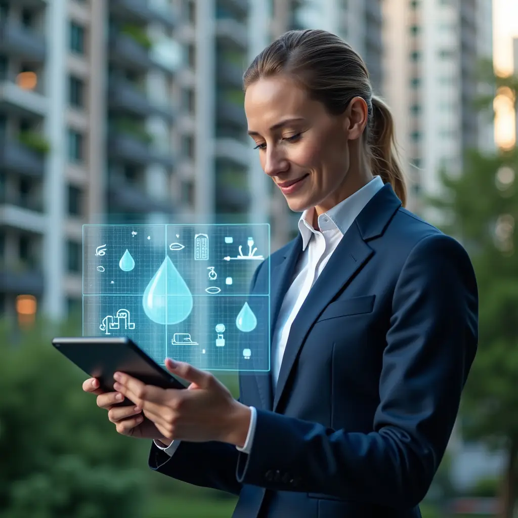 (Ultra-realistic condominium manager in a tailored navy suit, set in a modern luxury condominium environment with high-rise buildings and lush green landscaping, confidently analyzing a tablet projecting holographic charts of water drops, energy bolts and cleaning icons, cinematic lighting, shallow depth of field, highly detailed textures, realistic skin, photographic realism, 8k resolution --ar 1:1 --v 6)