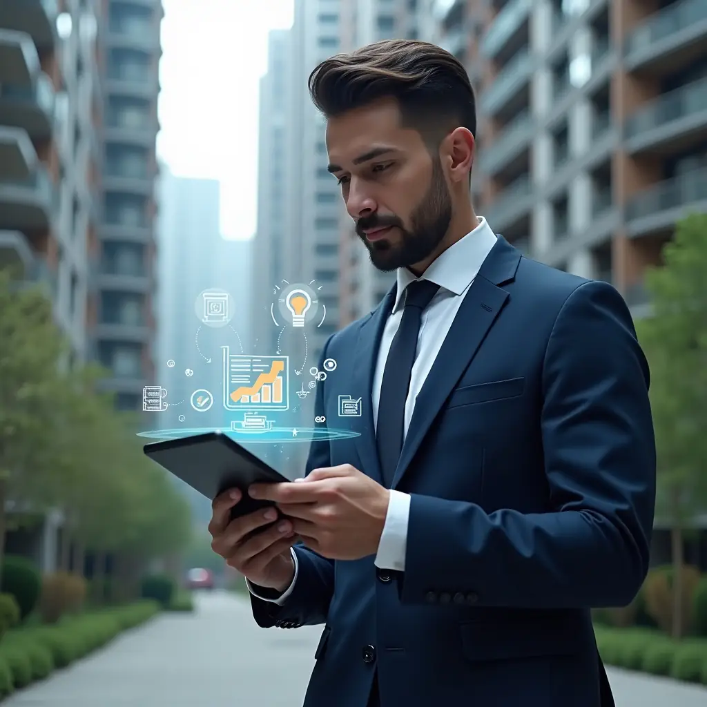 Ultra-realistic property manager in a navy blue suit, set in a modern luxury condominium environment with high-rise buildings and green landscaping, reviewing a digital financial report on a tablet, holographic savings chart and money-saving icons floating above the device, confident and analytical expression, cinematic lighting, shallow depth of field, highly detailed textures, realistic skin, photographic realism, 8k resolution --ar 1:1 --v 6