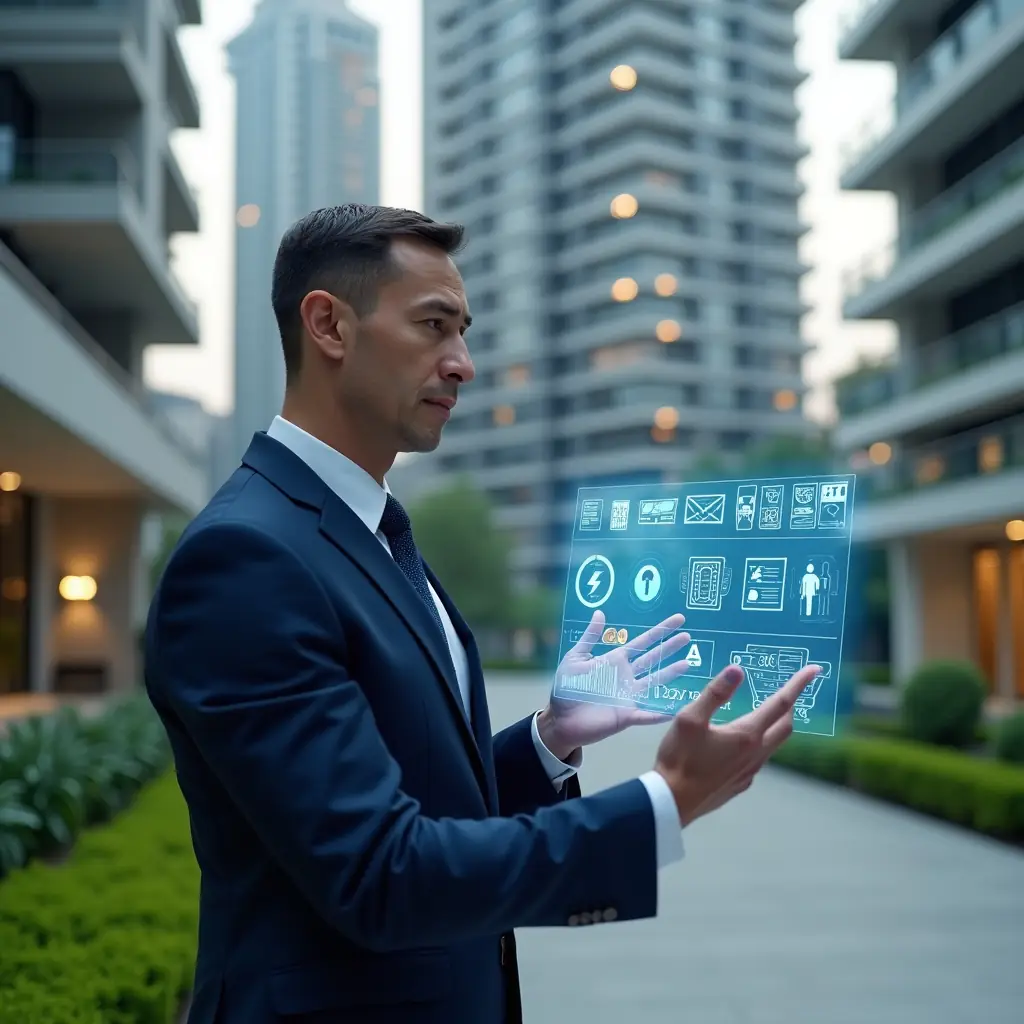 (Ultra-realistic condominium manager in a navy blue executive suit, set in a modern luxury condominium environment with high-rise buildings and manicured green landscaping, interacting with a floating holographic dashboard showing icons for messaging, maintenance schedules, financial graphs and access control, confident and focused expression, cinematic lighting, shallow depth of field, highly detailed textures, realistic skin, photographic realism, 8k resolution --ar 1:1 --v 6)
