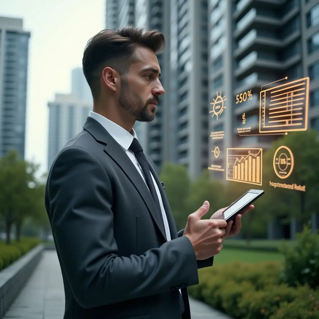 (Ultra-realistic condominium manager in a dark gray tailored suit, set in a modern luxury condominium environment with high-rise buildings and meticulously landscaped greenery, holding a tablet projecting holographic budget charts and cost-reduction icons, analyzing financial data with a confident, focused expression, cinematic lighting, shallow depth of field, highly detailed textures, realistic skin, photographic realism, 8k resolution --ar 1:1 --v 6)