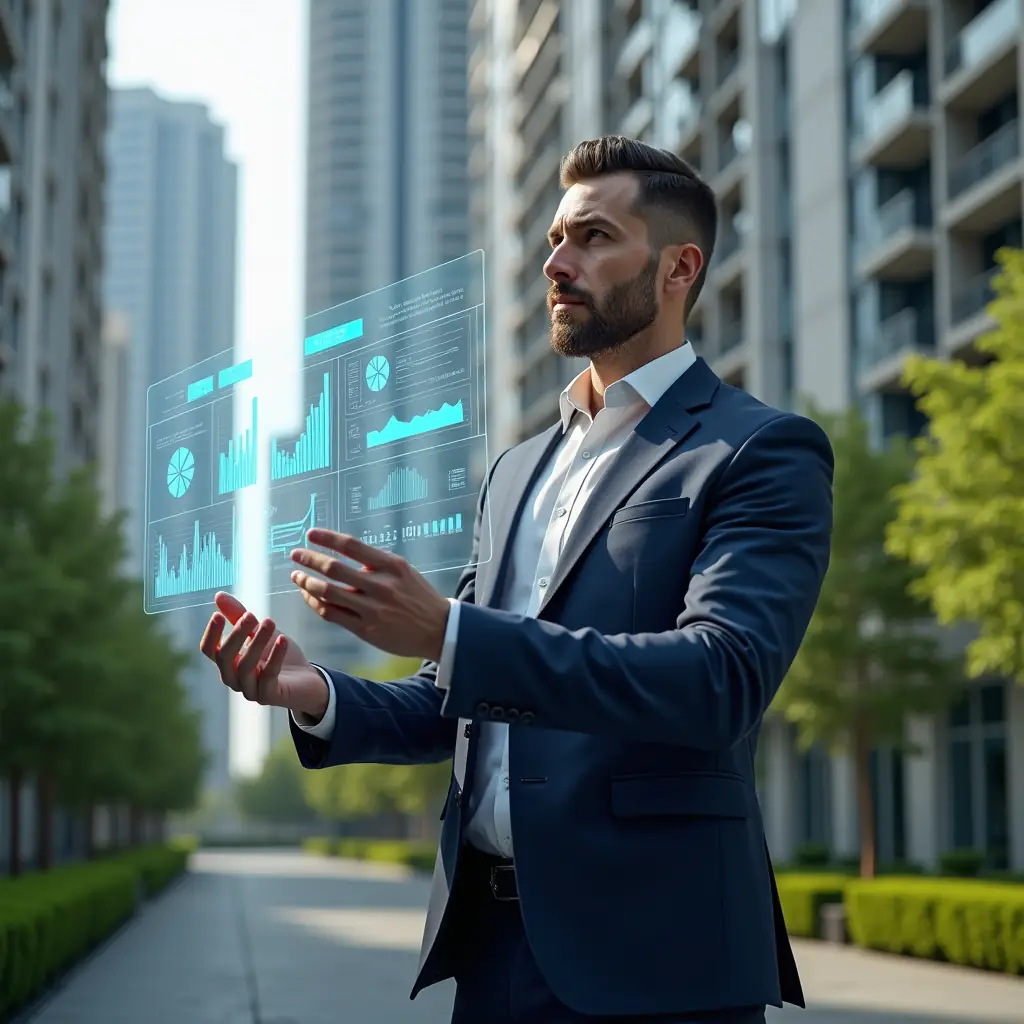 Ultra-realistic condominium manager in a tailored navy suit, set in a modern luxury condominium environment with high-rise buildings and manicured green landscaping, reviewing holographic financial charts and indicators with a confident, focused expression, floating icons of bar graphs and pie charts symbolizing key metrics, cinematic lighting, shallow depth of field, highly detailed textures, realistic skin, photographic realism, 8k resolution --ar 1:1 --v 6