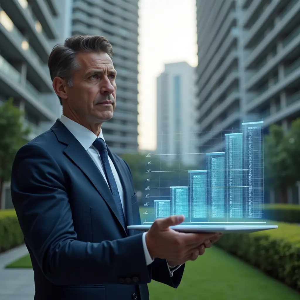 (Ultra-realistic condominium manager in a tailored navy suit, set in a modern luxury condominium environment with high-rise buildings and manicured green landscaping, analyzing a floating holographic budget chart with five highlighted steps, confident and focused expression, cinematic lighting, shallow depth of field, highly detailed textures, realistic skin, photographic realism, 8k resolution --ar 1:1 --v 6)