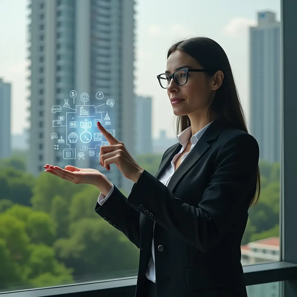 (Ultra-realistic condominium manager in a dark tailored suit, set in a modern luxury condominium environment with high-rise buildings and lush green landscaping, mid-shot of a confident professional woman tapping a floating holographic schedule interface displaying icons of cleaning, maintenance tools and clocks, cinematic lighting, shallow depth of field, highly detailed textures, realistic skin, photographic realism, 8k resolution --ar 1:1 --v 6)