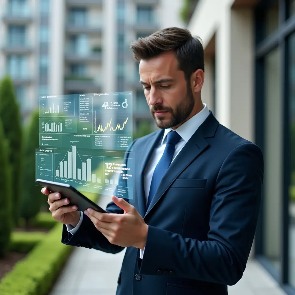Ultra-realistic condominium manager in a tailored navy suit, set in a modern luxury condominium environment with high-rise buildings and manicured green landscaping, holding a tablet displaying floating holographic financial charts and expense icons, analyzing real-time reports with a focused, confident expression, cinematic lighting, shallow depth of field, highly detailed textures, realistic skin, photographic realism, 8k resolution --ar 1:1 --v 6