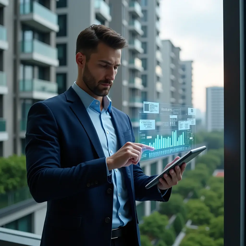 Ultra-realistic condominium manager in a navy executive suit, set in a modern luxury condominium environment with high-rise buildings and manicured greenery, reviewing holographic financial charts projected from a tablet, expression thoughtful and confident, floating icons of receipts and ledgers around, cinematic lighting, shallow depth of field, highly detailed textures, realistic skin, photographic realism, 8k resolution --ar 1:1 --v 6