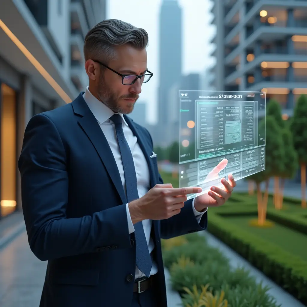 (Ultra-realistic condominium manager in a tailored dark blue suit, set in a modern luxury condominium environment with high-rise buildings and manicured green landscaping, medium shot of a focused manager reviewing a holographic financial report with floating charts highlighting errors, confident expression, cinematic lighting, shallow depth of field, highly detailed textures, realistic skin, photographic realism, 8k resolution --ar 1:1 --v 6)