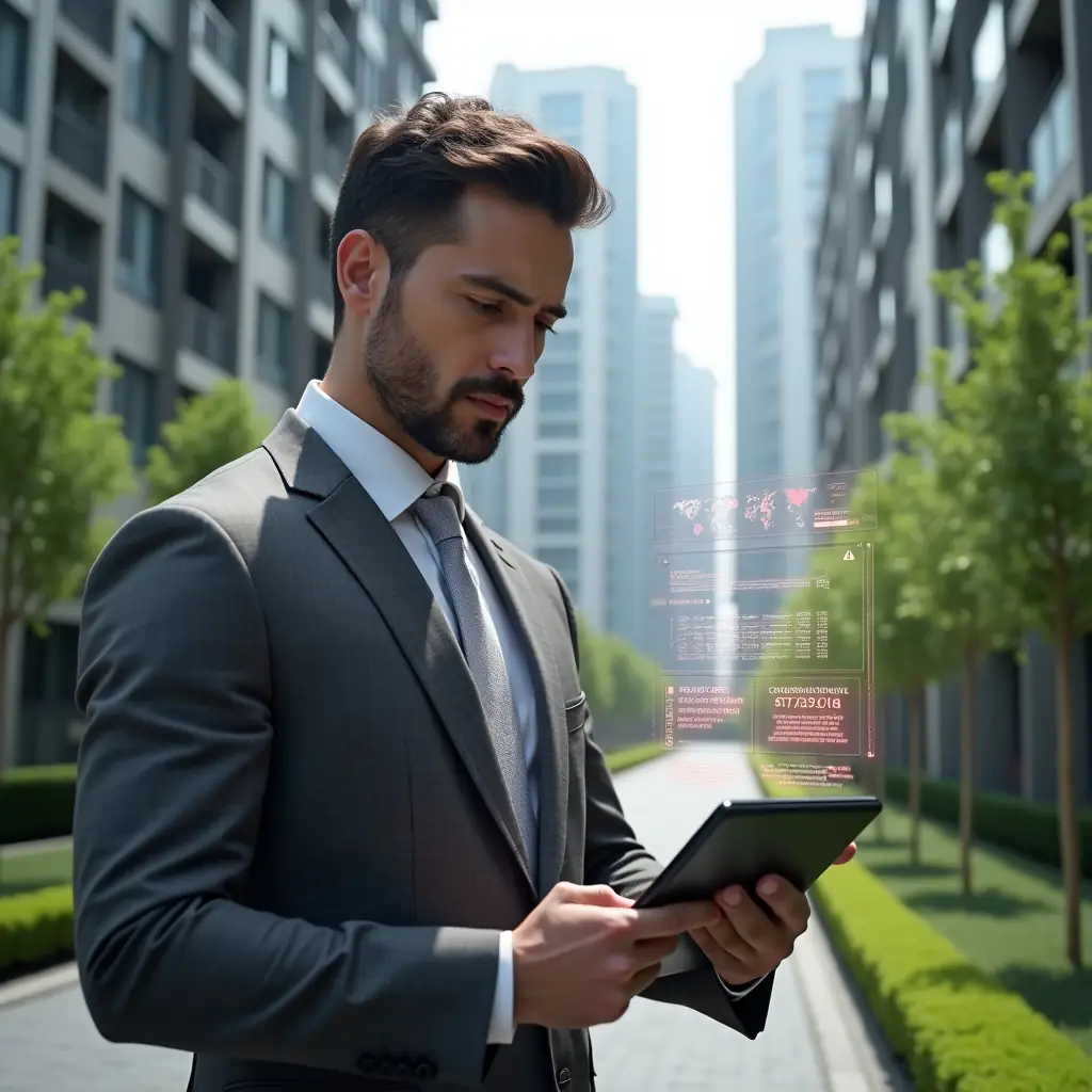 Ultra-realistic property manager in a charcoal gray suit, set in a modern luxury condominium environment with high-rise buildings and well-manicured green landscaping, reviewing financial documents on a tablet with holographic charts and red error icons floating above it, focused and slightly concerned expression, cinematic lighting, shallow depth of field, highly detailed textures, realistic skin, photographic realism, 8k resolution --ar 1:1 --v 6