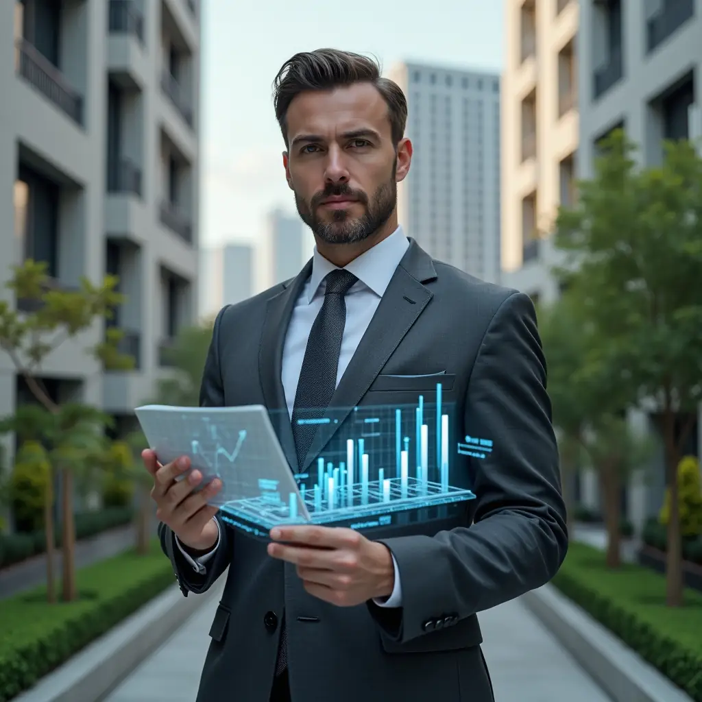 (Ultra-realistic condominium manager in a charcoal gray tailored suit, set in a modern luxury condominium environment with high-rise buildings and manicured green landscaping, holding and analyzing floating holographic financial charts and graphs that represent key performance indicators, confident and focused expression, cinematic lighting, shallow depth of field, highly detailed textures, realistic skin, photographic realism, 8k resolution --ar 1:1 --v 6)