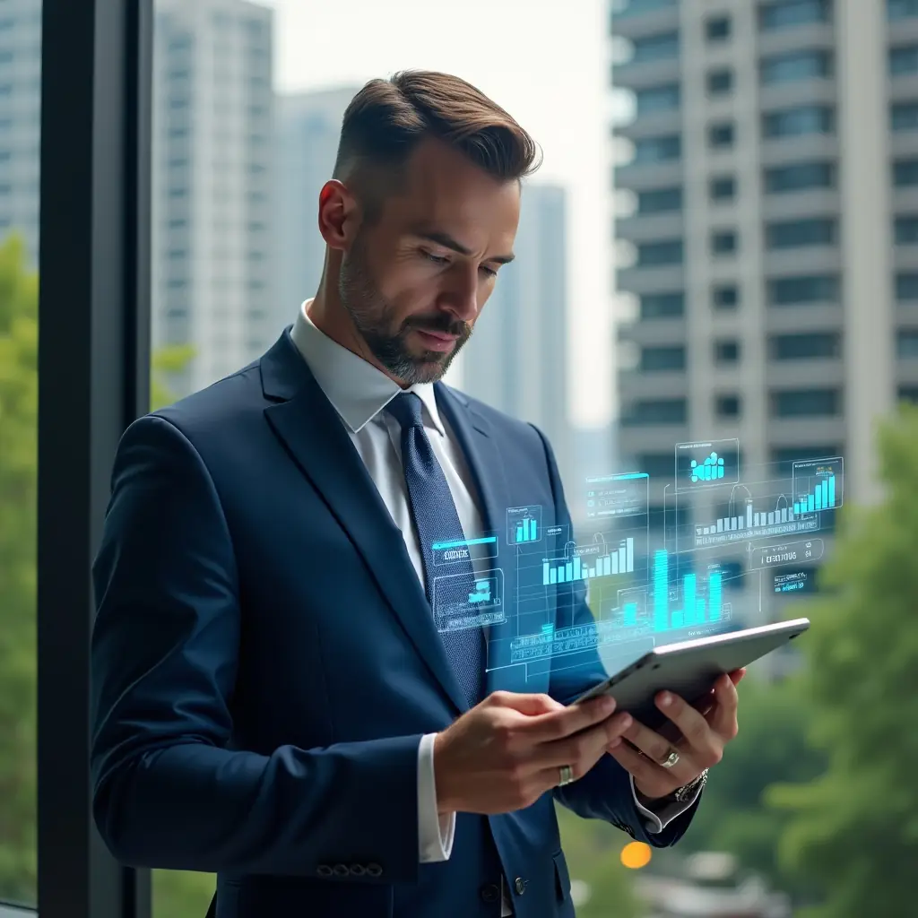 Ultra-realistic condominium manager in a navy blue executive suit, set in a modern luxury condominium environment with high-rise buildings and lush green landscaping, reviewing financial reports on a sleek tablet while holographic charts and expense icons float around him, confident and focused expression, cinematic lighting, shallow depth of field, highly detailed textures, realistic skin, photographic realism, 8k resolution --ar 1:1 --v 6
