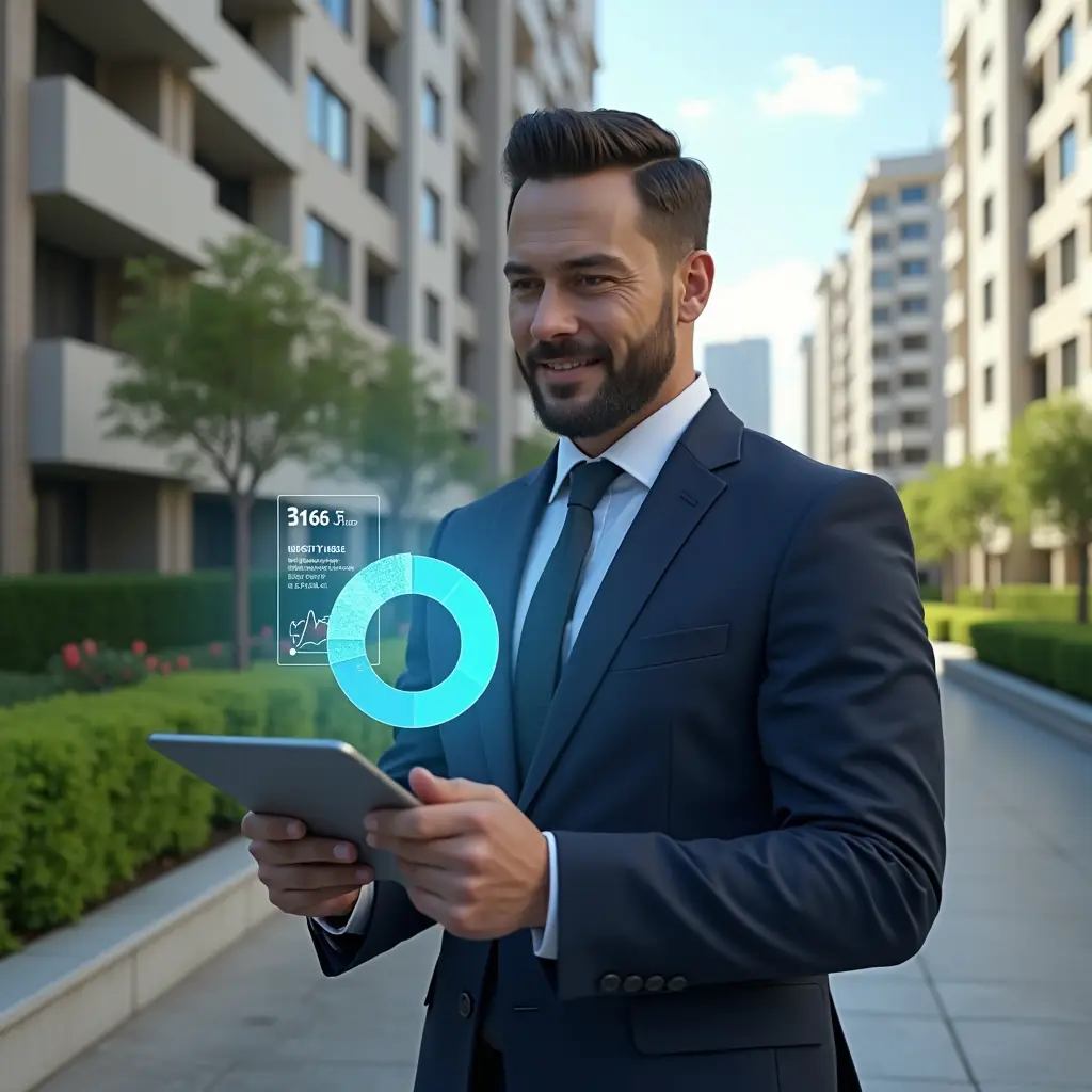 (Ultra-realistic condominium manager in a tailored navy suit, set in a modern luxury condominium environment with high-rise buildings and well-manicured green landscaping, medium shot of a confident manager reviewing a floating holographic budget pie chart and expense forecast over a sleek tablet, cinematic lighting, shallow depth of field, highly detailed textures, realistic skin, photographic realism, 8k resolution --ar 1:1 --v 6)