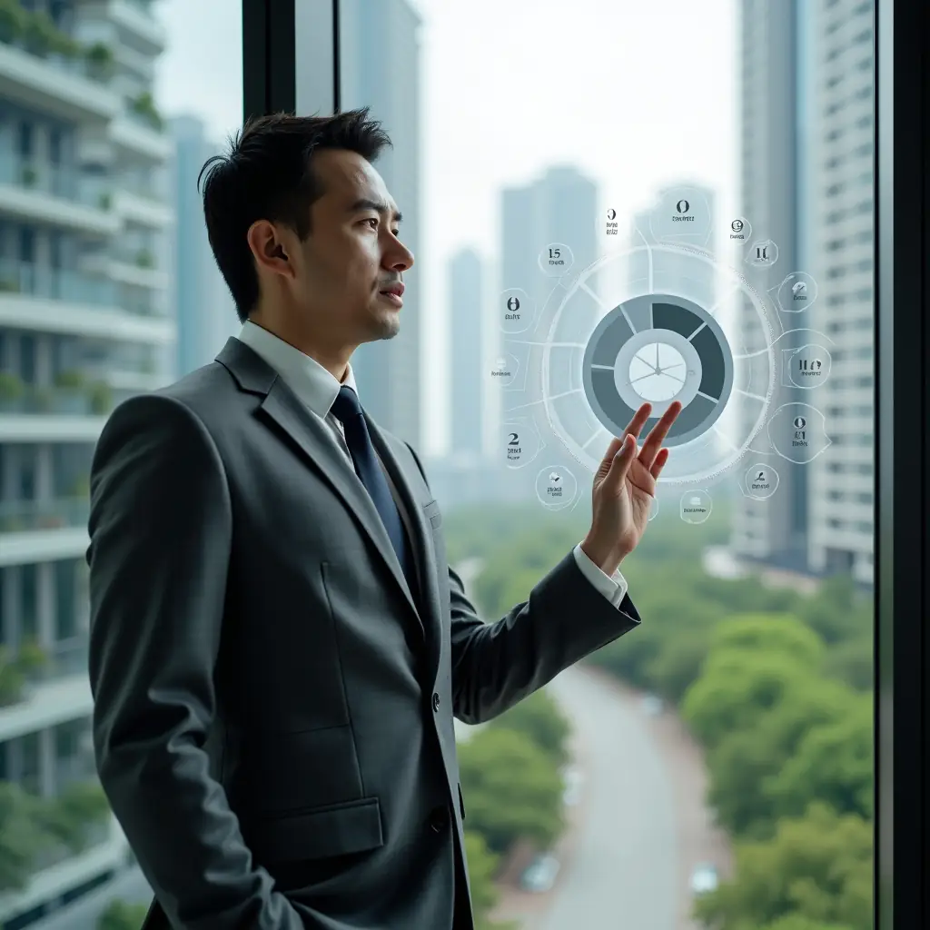 Ultra-realistic condominium manager in a charcoal gray suit, set in a modern luxury condominium environment with high-rise buildings and manicured green landscaping, standing by a glass office window, analyzing a holographic pie chart representing cost allocation fractions, floating fractional icons around, confident and focused expression, cinematic lighting, shallow depth of field, highly detailed textures, realistic skin, photographic realism, 8k resolution --ar 1:1 --v 6