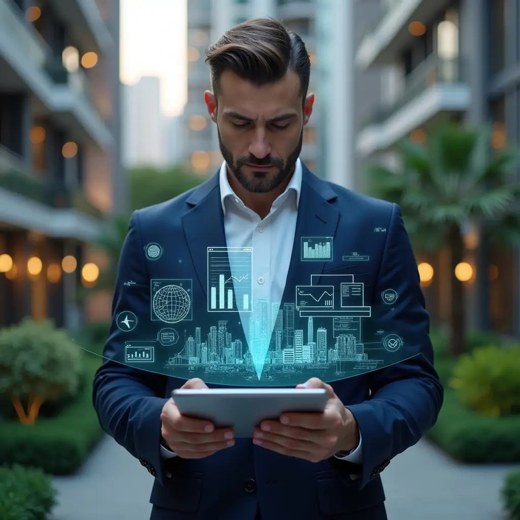 (Ultra-realistic property manager in a navy blue suit, set in a modern luxury condominium environment with high-rise buildings and manicured green landscaping, holding a tablet displaying holographic financial charts and invoices floating above the screen, confidently analyzing automated reports, glowing icons of coins and graphs orbiting around, cinematic lighting, shallow depth of field, highly detailed textures, realistic skin, photographic realism, 8k resolution --ar 1:1 --v 6)