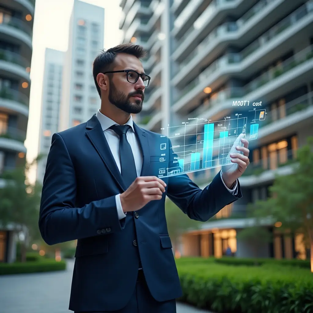 (Ultra-realistic property manager in a tailored navy-blue executive suit, set in a modern luxury condominium environment with high-rise buildings and lush green landscaping, mid-shot close-up, confidently analyzing a holographic financial chart and budget icons that symbolize cost reduction strategies, cinematic lighting, shallow depth of field, highly detailed textures, realistic skin, photographic realism, 8k resolution --ar 1:1 --v 6)