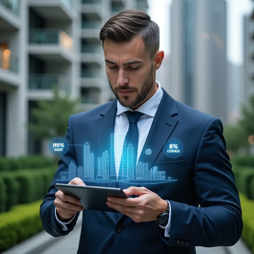 Ultra-realistic condo manager in a navy blue suit, set in a modern luxury condominium environment with high-rise buildings and green landscaping, displaying a holographic pie chart of unit fractions while thoughtfully analyzing data on a tablet, holographic icons of buildings and percentages floating around, cinematic lighting, shallow depth of field, highly detailed textures, realistic skin, photographic realism, 8k resolution --ar 1:1 --v 6