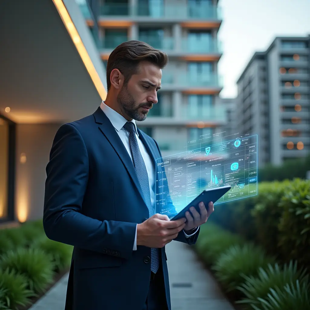 (Ultra-realistic condo manager in a navy suit, set in a modern luxury condominium environment with high-rise buildings and manicured green landscaping, analyzing a holographic spreadsheet displaying budget charts and expense icons, confident and focused expression, cinematic lighting, shallow depth of field, highly detailed textures, realistic skin, photographic realism, 8k resolution --ar 1:1 --v 6)
