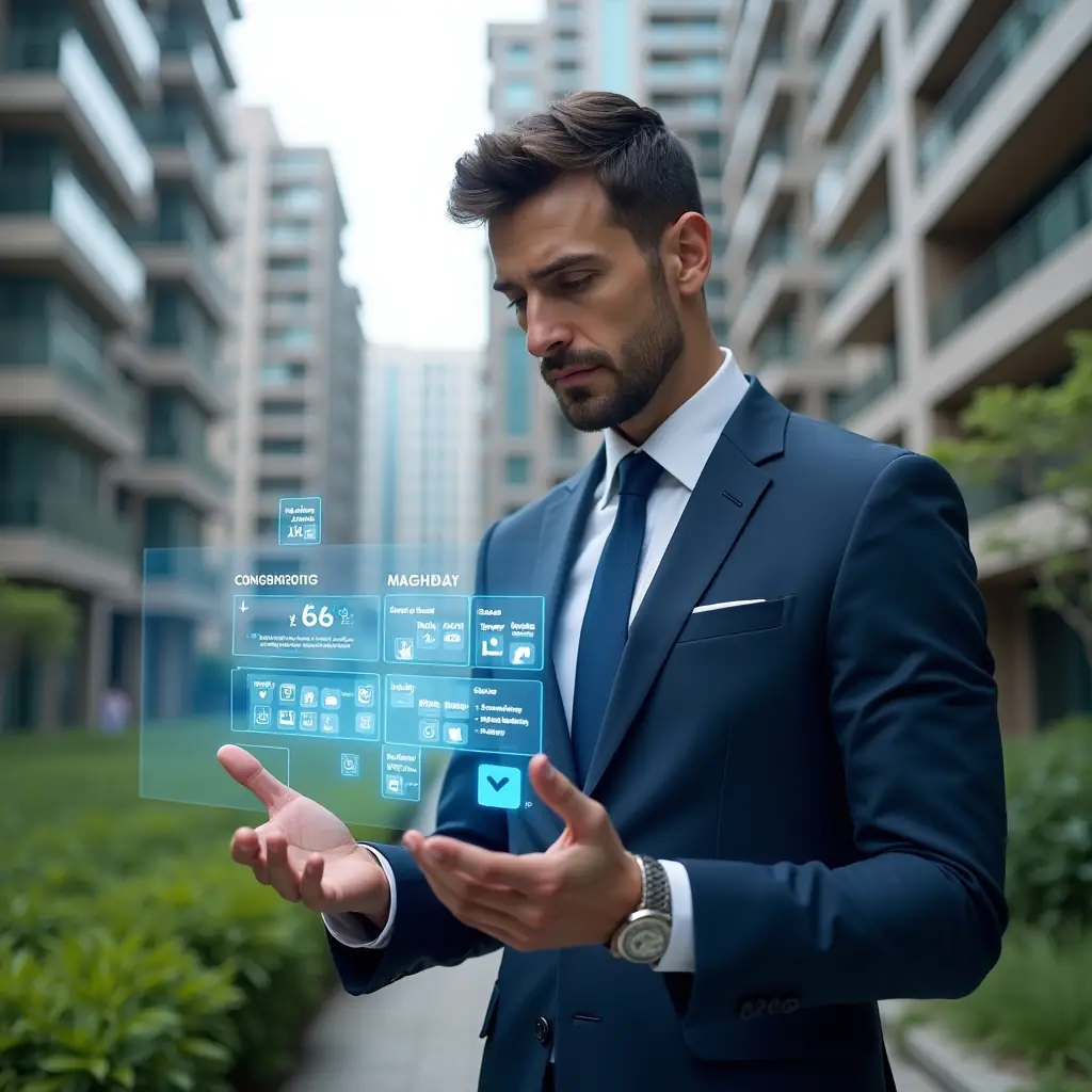 Ultra-realistic condominium manager in a navy blue suit, set in a modern luxury condominium environment with high-rise buildings and green landscaping, examining a holographic calendar interface with floating schedule icons representing maintenance, assemblies and daily tasks, confident and focused expression, cinematic lighting, shallow depth of field, highly detailed textures, realistic skin, photographic realism, 8k resolution --ar 1:1 --v 6