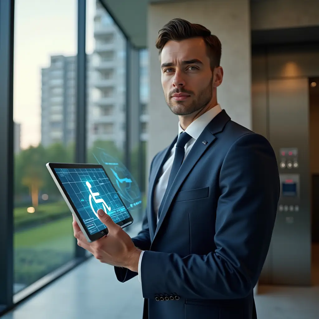 (Ultra-realistic condominium manager in a navy executive suit, set in a modern luxury condominium environment with high-rise buildings and manicured green landscaping, holding a tablet displaying a holographic wheelchair accessibility icon beside a sleek ramp and elevator panel with braille buttons, confident and attentive expression, cinematic lighting, shallow depth of field, highly detailed textures, realistic skin, photographic realism, 8k resolution --ar 1:1 --v 6)
