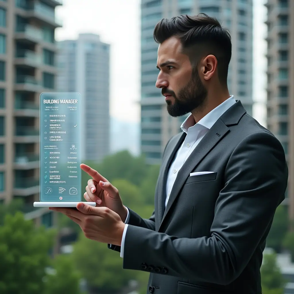 (Ultra-realistic building manager in a charcoal gray suit, set in a modern luxury condominium environment with high-rise buildings and lush green landscaping, holding a transparent holographic calendar and tapping on task icons as if organizing a schedule, a floating digital timeline with checkmarks and clock symbols beside them, cinematic lighting, shallow depth of field, highly detailed textures, realistic skin, photographic realism, 8k resolution --ar 1:1 --v 6)