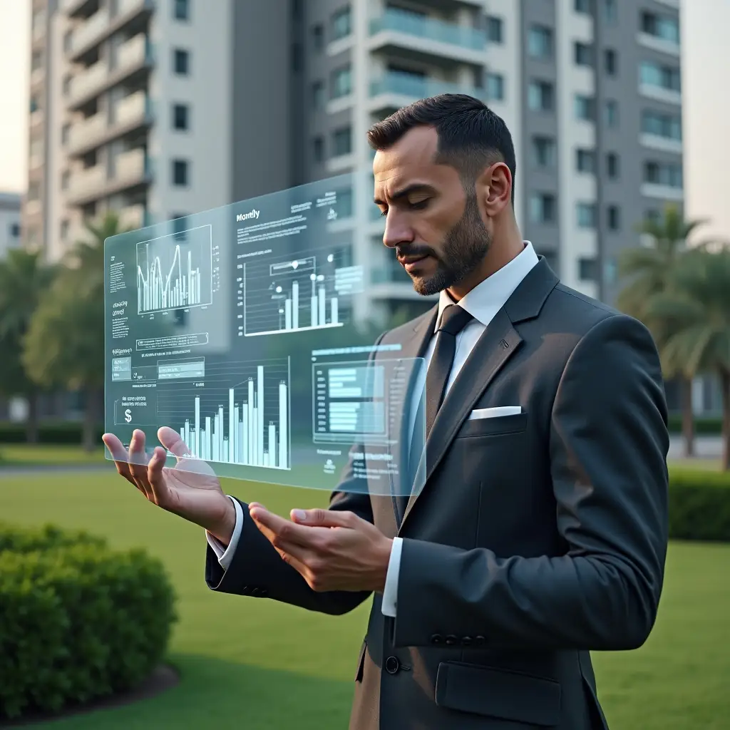 Ultra-realistic condominium manager in a charcoal gray suit, set in a modern luxury condominium environment with high-rise buildings and manicured green landscaping, confidently interacting with a holographic monthly financial report displaying floating charts and icons of budgets and receipts, cinematic lighting, shallow depth of field, highly detailed textures, realistic skin, photographic realism, 8k resolution --ar 1:1 --v 6