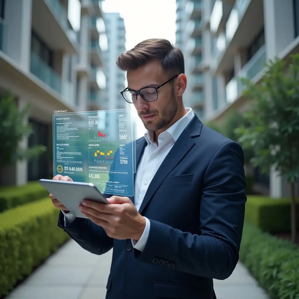 Ultra-realistic condominium manager in a navy suit, set in a modern luxury condominium environment with high-rise buildings and manicured gardens, analyzing holographic financial charts projected above a tablet with a focused, confident expression, floating icons of budget reduction and contract documents, cinematic lighting, shallow depth of field, highly detailed textures, realistic skin, photographic realism, 8k resolution --ar 1:1 --v 6