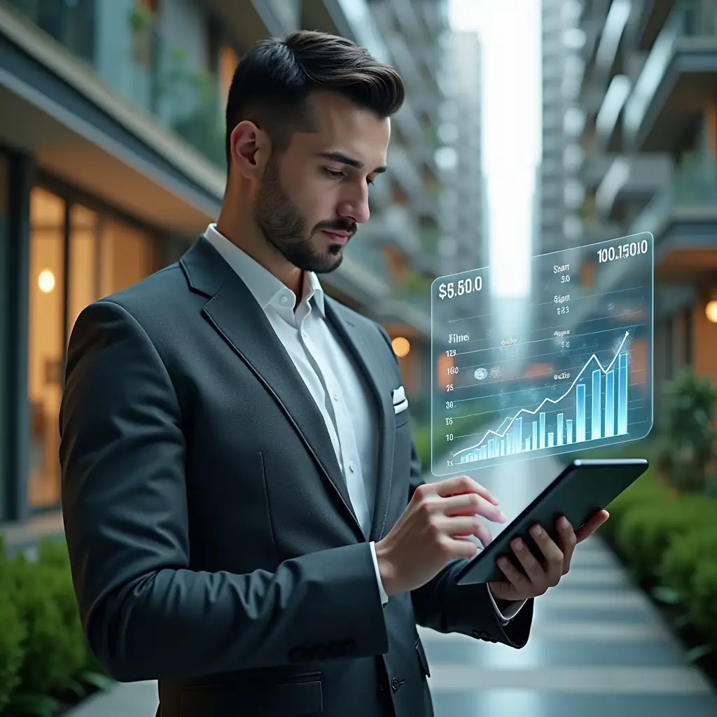 Ultra-realistic condominium manager in a charcoal gray suit, set in a modern luxury condominium environment with high-rise buildings and lush green landscaping, holding a holographic tablet displaying charts of declining interest and fines, confidently analyzing digital graphs, holographic icons of coins and percentage symbols floating around, cinematic lighting, shallow depth of field, highly detailed textures, realistic skin, photographic realism, 8k resolution --ar 1:1 --v 6