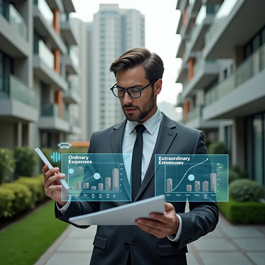 (Ultra-realistic condominium manager in a charcoal gray tailored suit, set in a modern luxury condominium environment with high-rise buildings and manicured green landscaping, examining holographic charts labeled “Ordinary Expenses” and “Extraordinary Expenses” with a thoughtful expression, floating icons of invoices and construction tools beside them, cinematic lighting, shallow depth of field, highly detailed textures, realistic skin, photographic realism, 8k resolution --ar 1:1 --v 6)