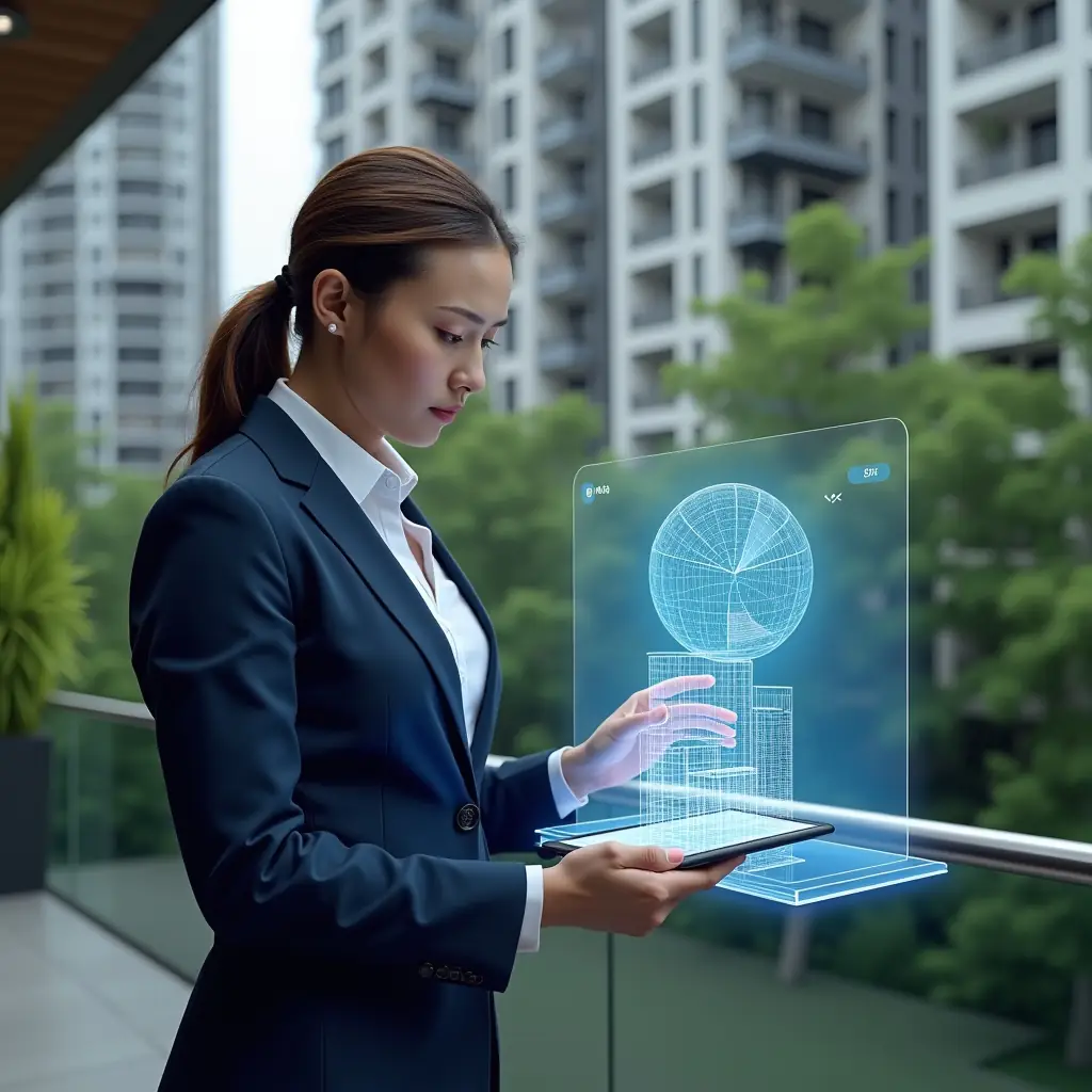 (Ultra-realistic condominium manager in a navy blue executive suit, set in a modern luxury condominium environment with high-rise buildings and lush green landscaping, examining a translucent holographic pie chart of unit shares with a digital tablet in hand, holographic building model floating beside them to represent ideal fraction calculations, confident and focused expression, cinematic lighting, shallow depth of field, highly detailed textures, realistic skin, photographic realism, 8k resolution --ar 1:1 --v 6)