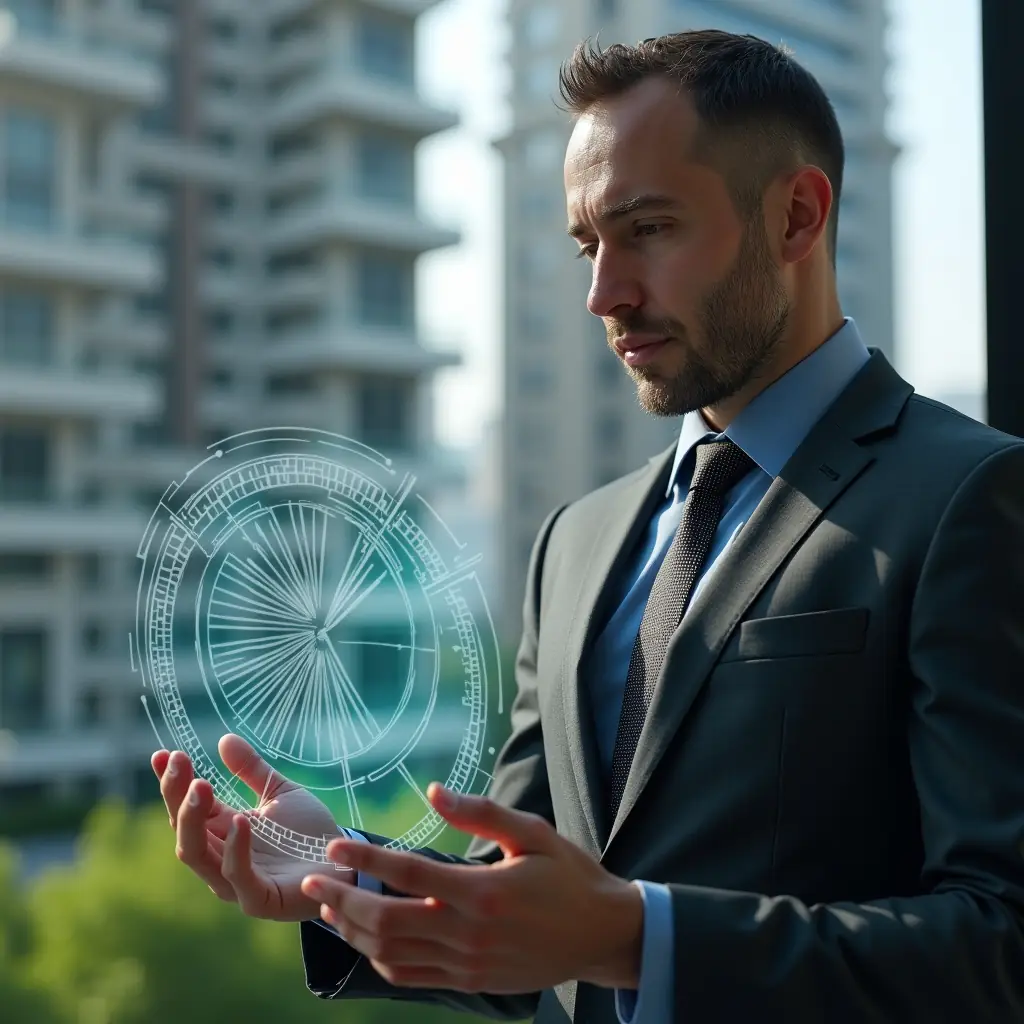 (Ultra-realistic condominium manager in a dark gray tailored suit, set in a modern luxury condominium environment with high-rise buildings and lush landscaping, mid-shot close-up showing them confidently reviewing a floating holographic pie chart divided into ordinary and extraordinary expense sectors, expressive focused gaze, cinematic lighting, shallow depth of field, highly detailed textures, realistic skin, photographic realism, 8k resolution --ar 1:1 --v 6)