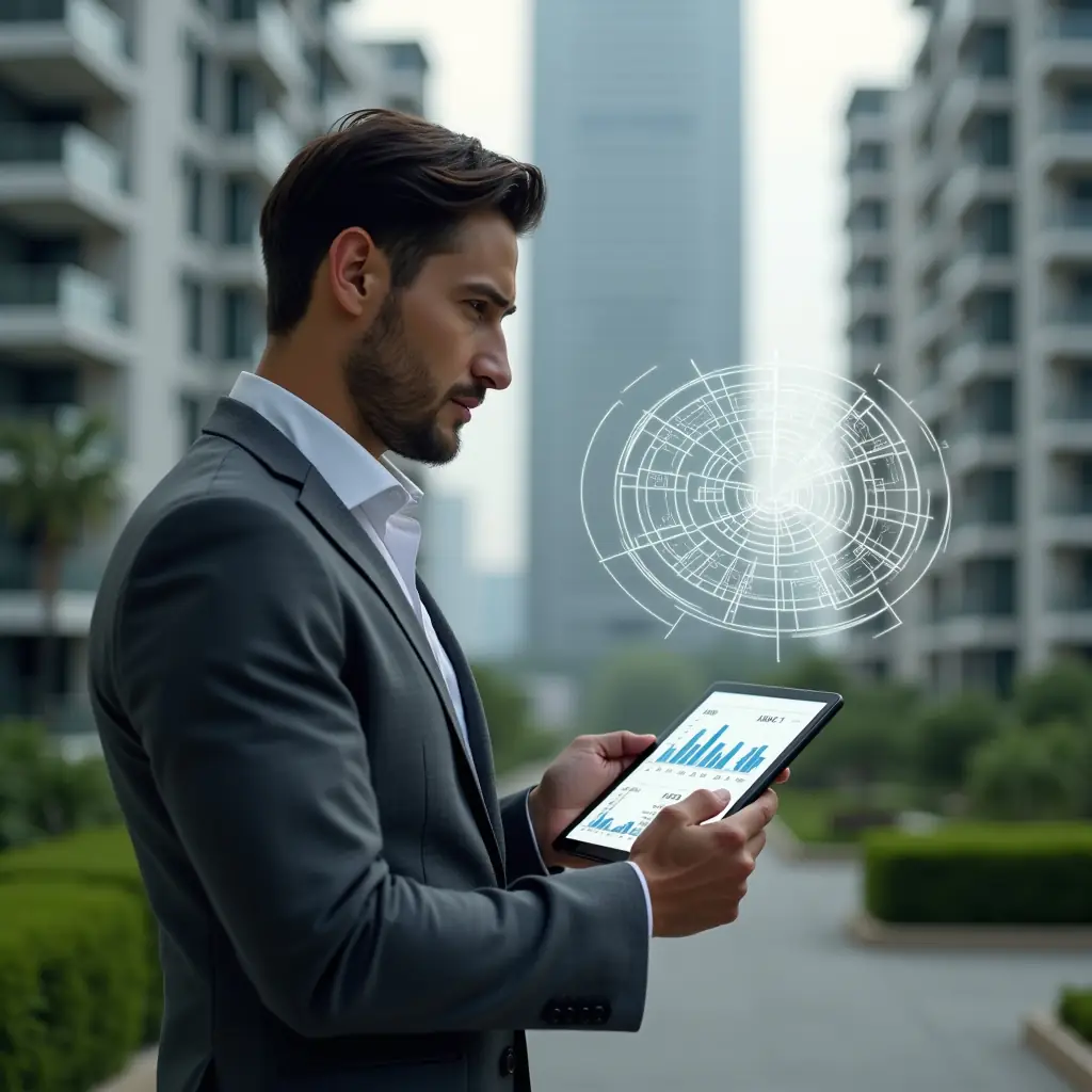 (Ultra-realistic condominium manager in a charcoal grey suit and crisp white shirt, set in a modern luxury condominium environment with high-rise buildings and green landscaping, thoughtfully examining a floating holographic pie chart of unit fractions while holding a digital tablet displaying building floor plans and percentage calculations, cinematic lighting, shallow depth of field, highly detailed textures, realistic skin, photographic realism, 8k resolution --ar 1:1 --v 6)