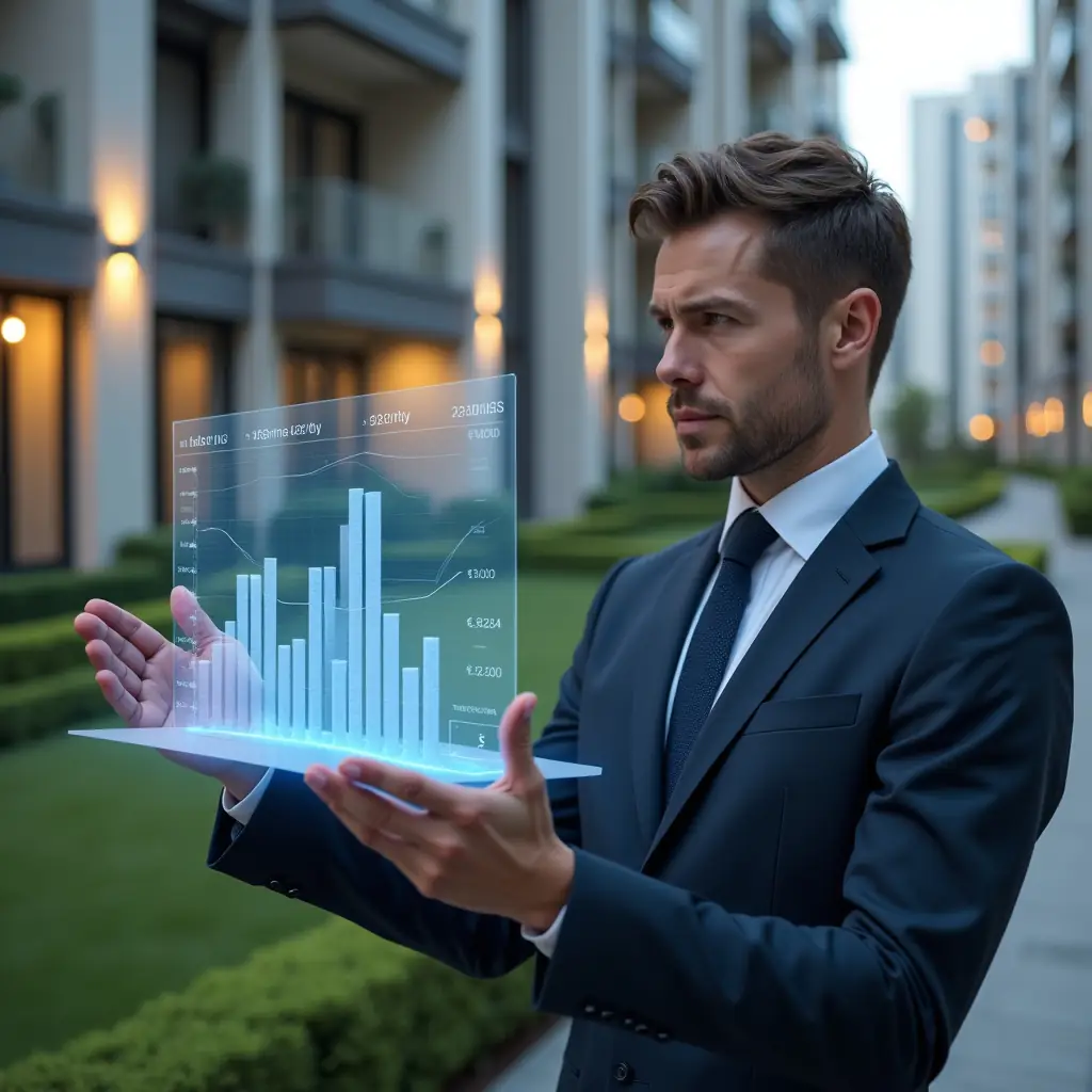 Ultra-realistic condominium manager in a tailored navy suit, set in a modern luxury condominium environment with high-rise buildings and manicured green landscaping, holding and analyzing a floating holographic financial chart displaying expense trends, confident and focused expression, cinematic lighting, shallow depth of field, highly detailed textures, realistic skin, photographic realism, 8k resolution --ar 1:1 --v 6