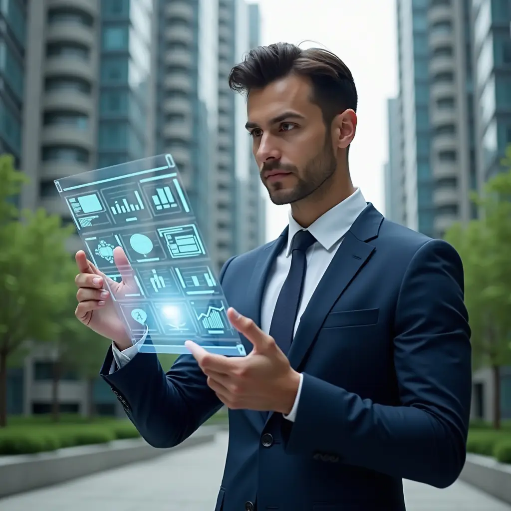 Ultra-realistic condominium manager in a dark blue suit, set in a modern luxury condominium environment with high-rise buildings and green landscaping, holding and analyzing a transparent digital ledger hologram with floating charts and document icons, confident expression, cinematic lighting, shallow depth of field, highly detailed textures, realistic skin, photographic realism, 8k resolution --ar 1:1 --v 6
