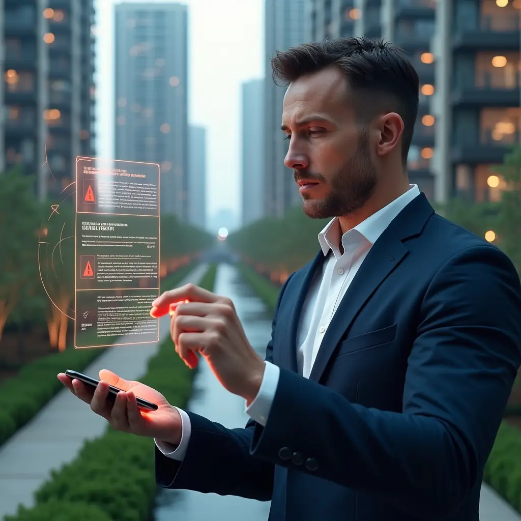 (Ultra-realistic condominium manager in a navy executive suit, set in a modern luxury condominium environment with high-rise buildings and manicured green landscaping, examining a floating holographic condominium management app interface displaying red warning icons and error alerts, thoughtful expression, cinematic lighting, shallow depth of field, highly detailed textures, realistic skin, photographic realism, 8k resolution --ar 1:1 --v 6)