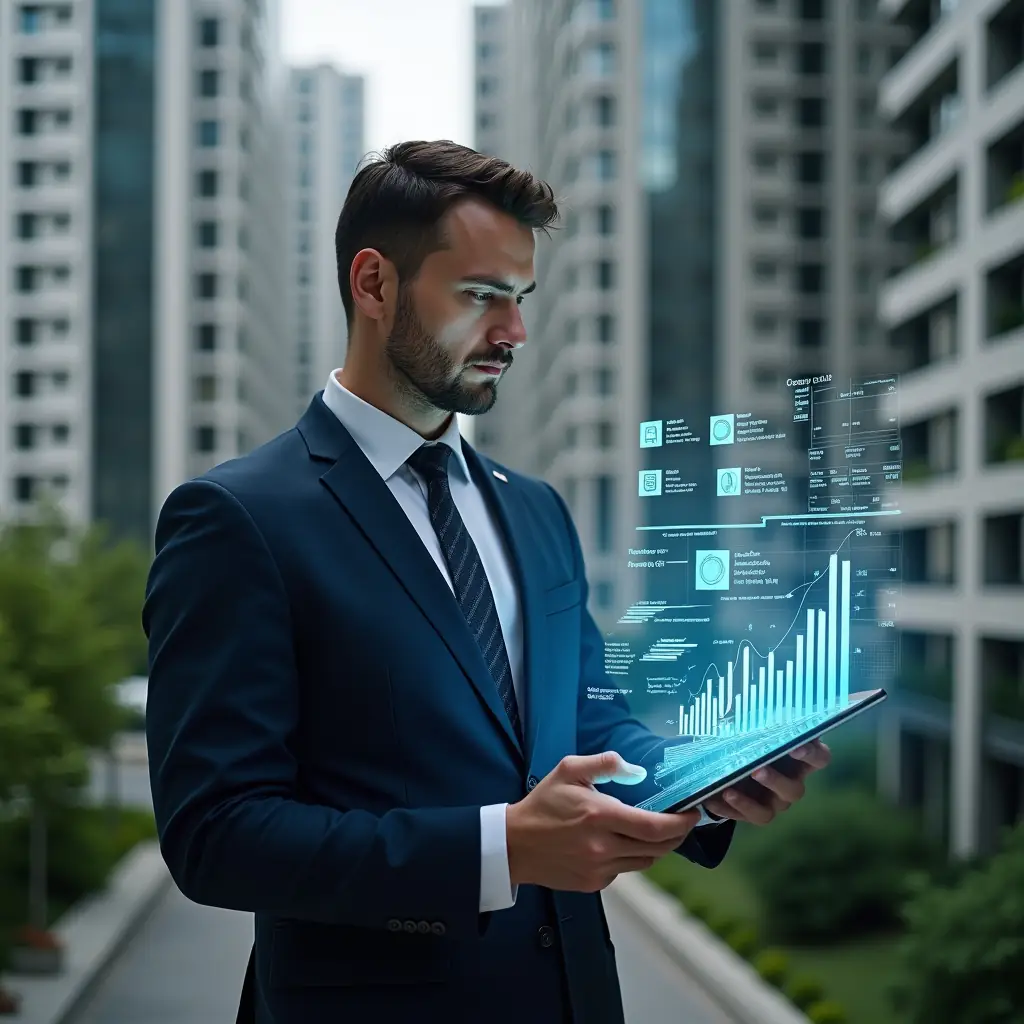 Ultra-realistic condominium manager in a tailored navy suit, set in a modern luxury condominium environment with high-rise buildings and lush green landscaping, analyzing holographic financial charts projected from a tablet, surrounded by semi-transparent icons of receipts and bar graphs, with a thoughtful and confident expression, cinematic lighting, shallow depth of field, highly detailed textures, realistic skin, photographic realism, 8k resolution --ar 1:1 --v 6