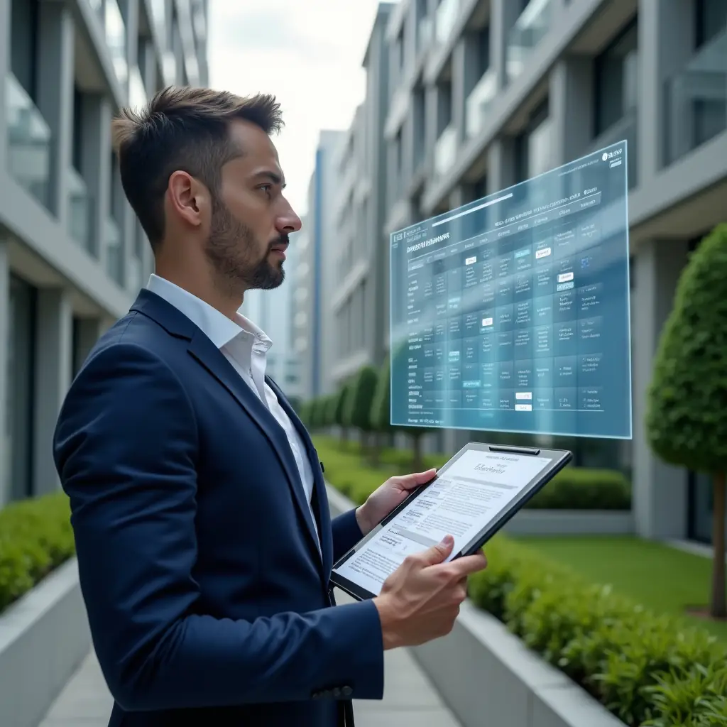 (Ultra-realistic condominium manager in a tailored navy blue suit, set in a modern luxury condominium environment with high-rise buildings and manicured green landscaping, confidently reviewing a holographic financial report paired with an interactive schedule calendar hovering before them, symbolizing integrated accounts and task management, cinematic lighting, shallow depth of field, highly detailed textures, realistic skin, photographic realism, 8k resolution --ar 1:1 --v 6)