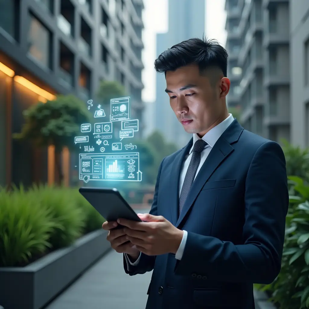 (Ultra-realistic condominium manager in a tailored navy suit, set in a modern luxury condominium environment with high-rise buildings and lush green landscaping, mid-shot showing them confidently studying a tablet screen emitting holographic icons of finances, communication, reservations, security, maintenance, voting, documents, reports, payments and dashboard, cinematic lighting, shallow depth of field, highly detailed textures, realistic skin, photographic realism, 8k resolution --ar 1:1 --v 6)