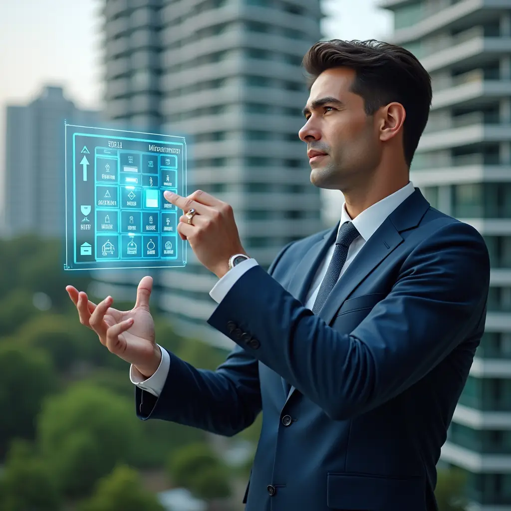 Ultra-realistic condominium manager in a navy blue suit, set in a modern luxury condominium environment with high-rise buildings and meticulously landscaped greenery, holding and pointing at a floating holographic activity schedule calendar with icons for maintenance, communication, and cost savings, confident and focused expression, cinematic lighting, shallow depth of field, highly detailed textures, realistic skin, photographic realism, 8k resolution --ar 1:1 --v 6