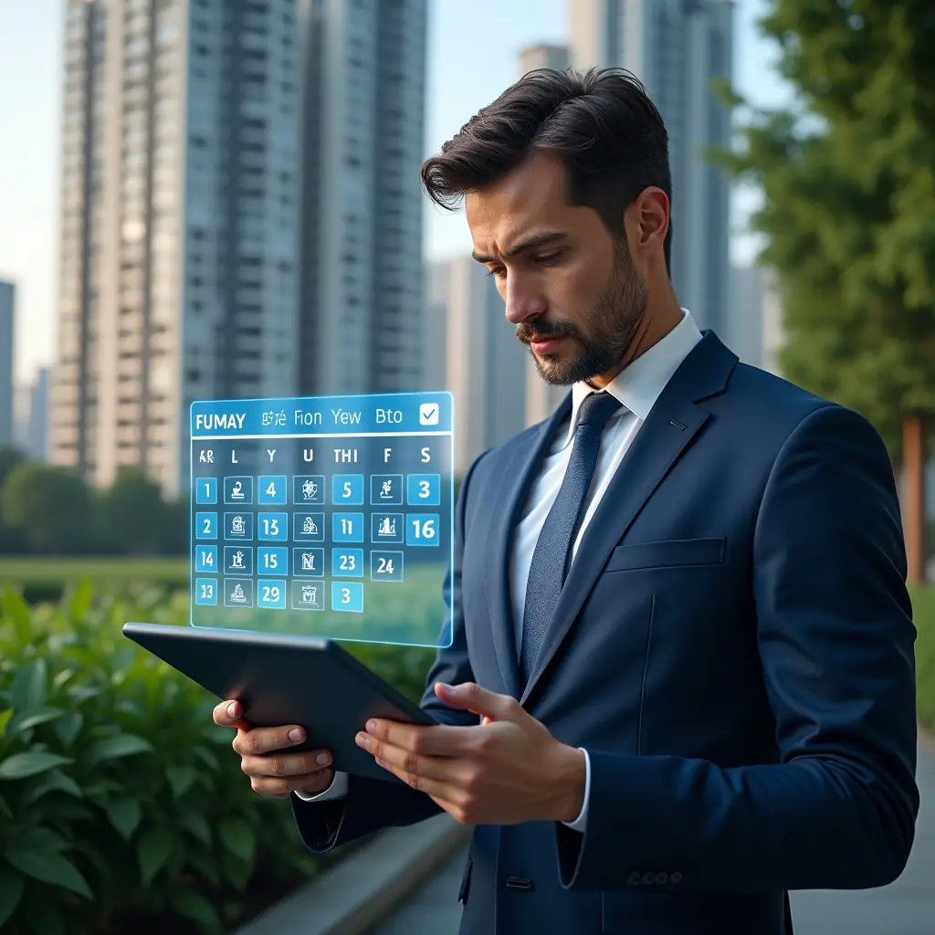 Ultra-realistic condominium manager in a dark blue suit, set in a modern luxury condominium environment with high-rise buildings and lush green landscaping, reviewing a floating holographic calendar schedule with icons and checklists, confident and focused expression, cinematic lighting, shallow depth of field, highly detailed textures, realistic skin, photographic realism, 8k resolution --ar 1:1 --v 6