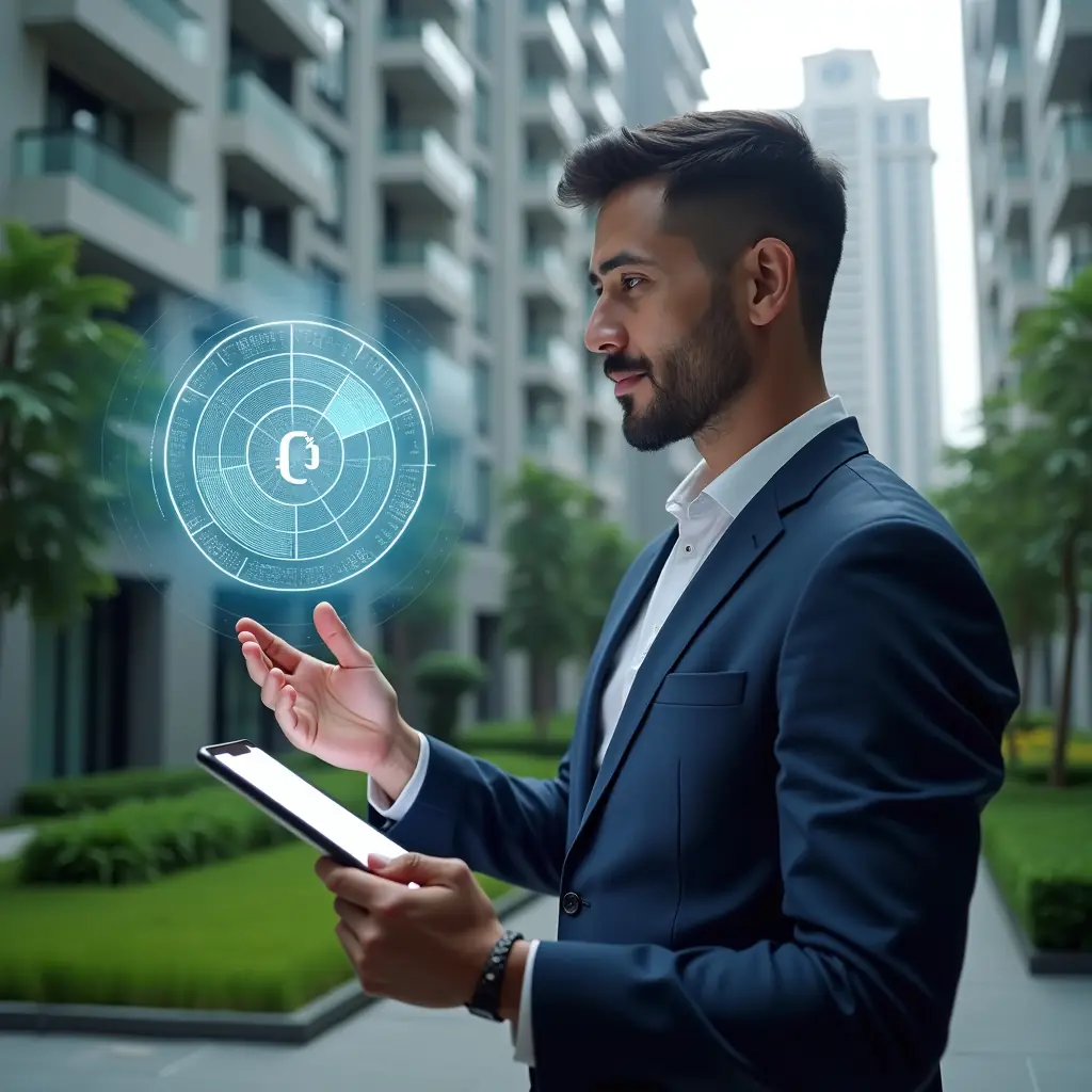 Ultra-realistic condominium manager in a tailored navy suit, set in a modern luxury condominium environment with high-rise buildings and manicured green landscaping, reviewing a semi-transparent holographic pie chart representing ideal fractions for expense allocation, holding a digital tablet displaying rateio calculations, confident and focused expression, cinematic lighting, shallow depth of field, highly detailed textures, realistic skin, photographic realism, 8k resolution --ar 1:1 --v 6