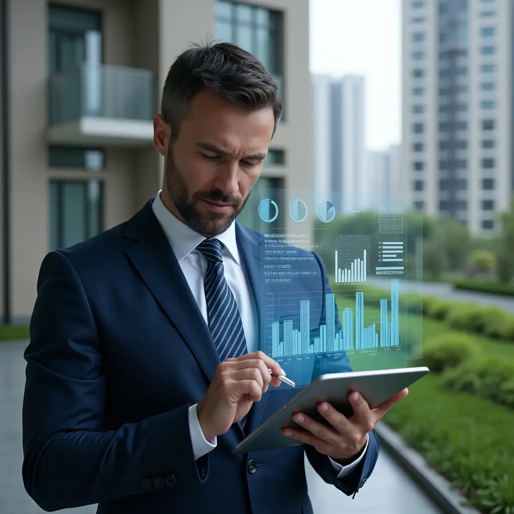(Ultra-realistic condominium manager in a navy executive suit, set in a modern luxury condominium environment with high-rise buildings and manicured green landscaping, inspecting a tablet displaying holographic financial charts and clear spreadsheet graphics, confident and focused expression, floating bar graphs and pie charts as symbolic visual elements, cinematic lighting, shallow depth of field, highly detailed textures, realistic skin, photographic realism, 8k resolution --ar 1:1 --v 6)