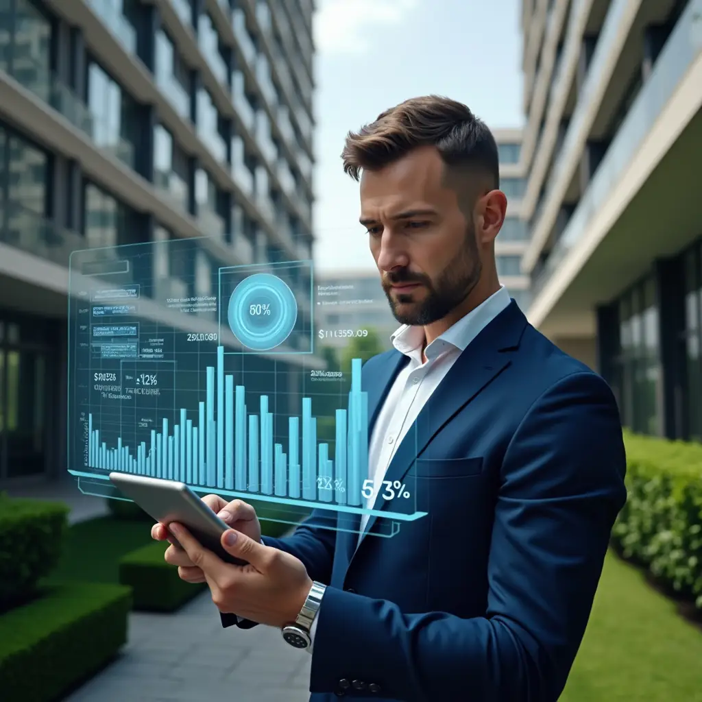 (Ultra-realistic condominium manager in a navy blue suit, set in a modern luxury condominium environment with high-rise buildings and manicured green landscaping, reviewing holographic financial charts projected from a tablet, floating budget and expense graphs surrounding them, confident and focused expression, cinematic lighting, shallow depth of field, highly detailed textures, realistic skin, photographic realism, 8k resolution --ar 1:1 --v 6)