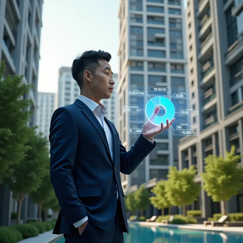 Ultra-realistic condominium manager in a navy executive suit, set in a modern luxury condominium environment with high-rise buildings and meticulously landscaped greenery, standing in a medium shot, confidently analyzing a floating holographic pie chart displaying unit fractions and percentage values, interacting with a transparent digital interface as if calculating shares step by step, cinematic lighting, shallow depth of field, highly detailed textures, realistic skin, photographic realism, 8k resolution --ar 1:1 --v 6