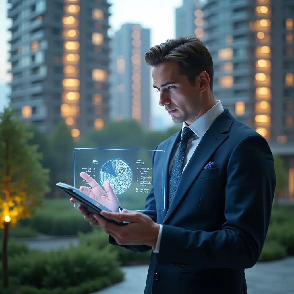 (Ultra-realistic condominium manager in a tailored navy suit, set in a modern luxury condominium environment with high-rise buildings and meticulously landscaped gardens, examining a holographic pie chart of unit fractions projected from a sleek tablet, thoughtful and confident expression, cinematic lighting, shallow depth of field, highly detailed textures, realistic skin, photographic realism, 8k resolution --ar 1:1 --v 6)