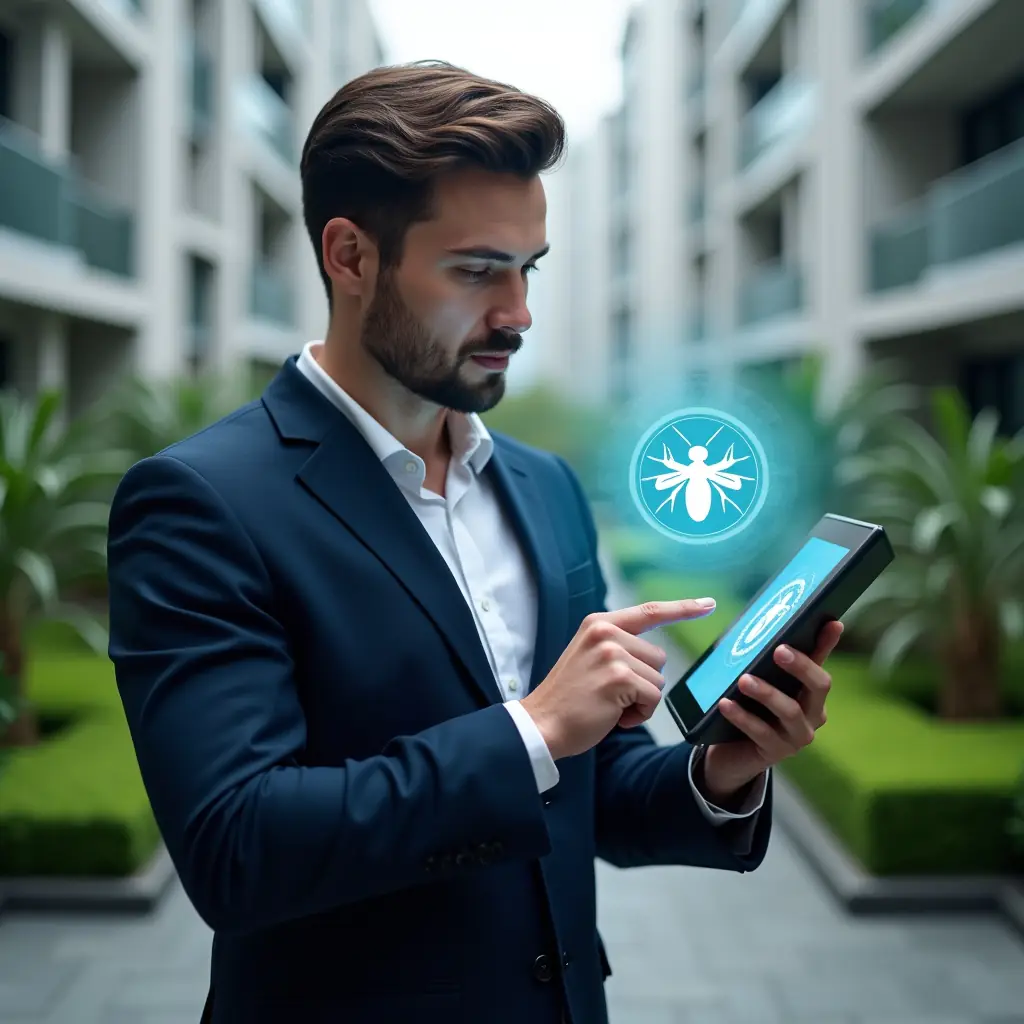 Ultra-realistic condominium manager in a dark blue suit, set in a modern luxury condominium environment with high-rise buildings and meticulously maintained green landscaping, holding a tablet displaying a glowing mosquito control hologram, pointing at the screen with a confident, focused expression, translucent Aedes aegypti icon floating beside the device, cinematic lighting, shallow depth of field, highly detailed textures, realistic skin, photographic realism, 8k resolution --ar 1:1 --v 6